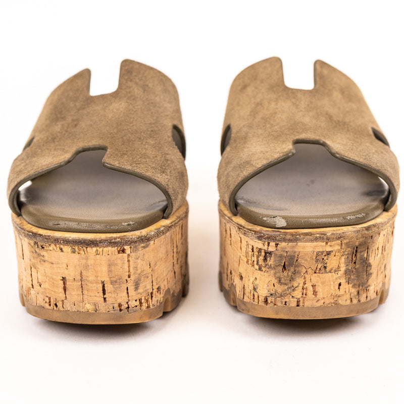 Hermes Green Suede Cork Eze Wedge Sandals Size 36