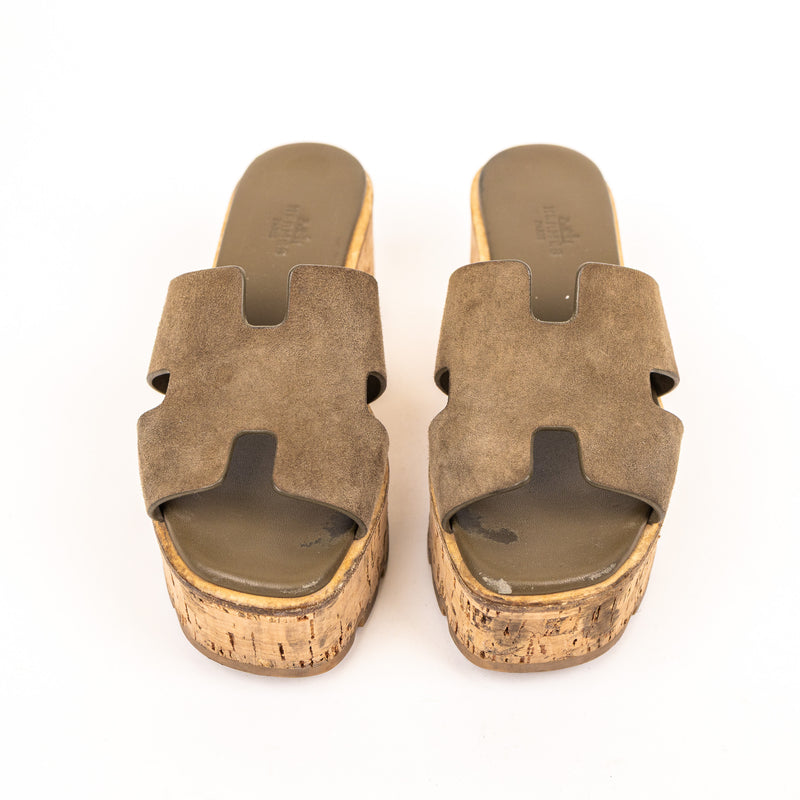 Hermes Green Suede Cork Eze Wedge Sandals Size 36