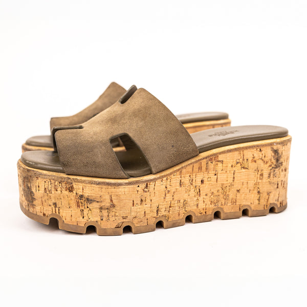 Hermes Green Suede Cork Eze Wedge Sandals Size 36