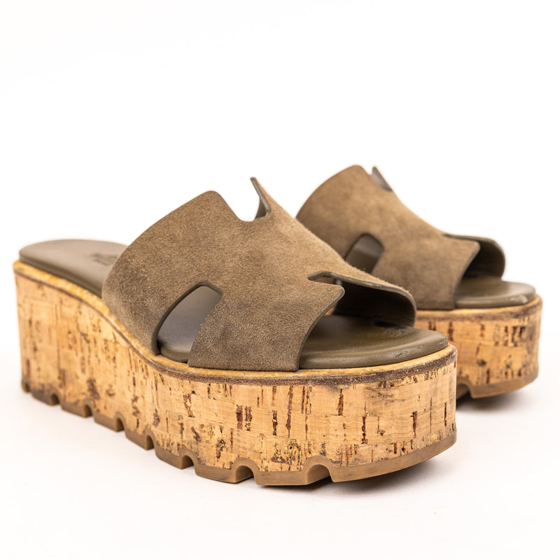Hermes Green Suede Cork Eze Wedge Sandals Size 36