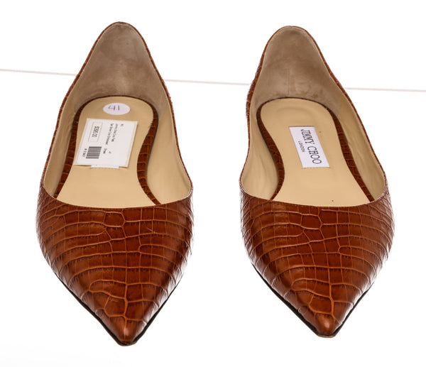 Jimmy Choo Brown Crocodile Embossed Leather Flats Size 41