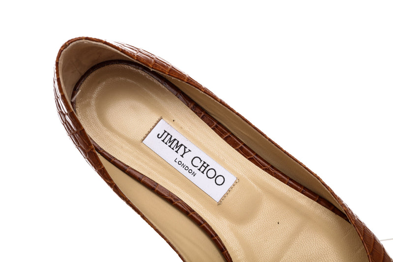 Jimmy Choo Brown Crocodile Embossed Leather Flats Size 41