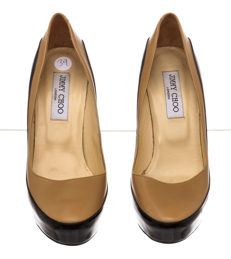 Jimmy Choo Black and Beige Patent Leather Platform Pumps Size 39