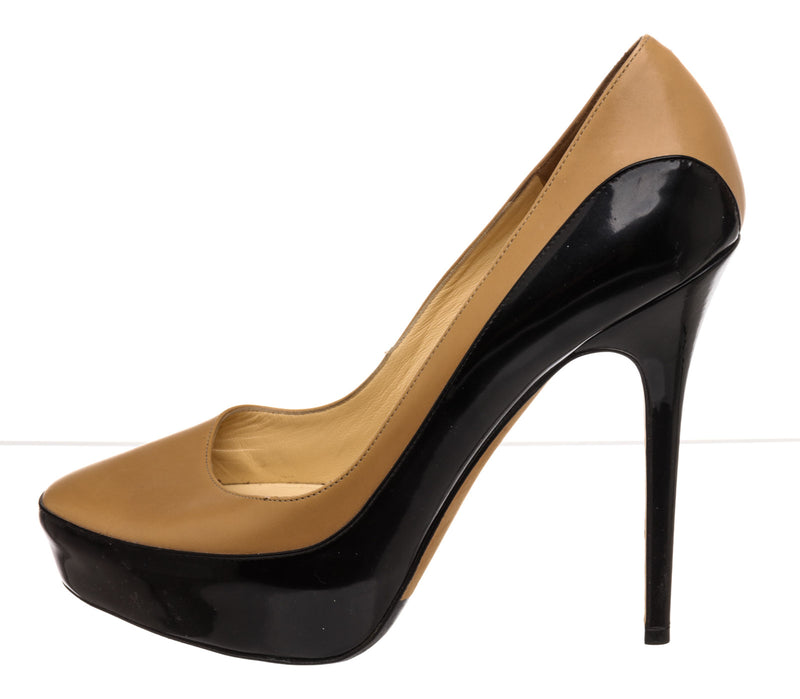 Jimmy Choo Black and Beige Patent Leather Platform Pumps Size 39