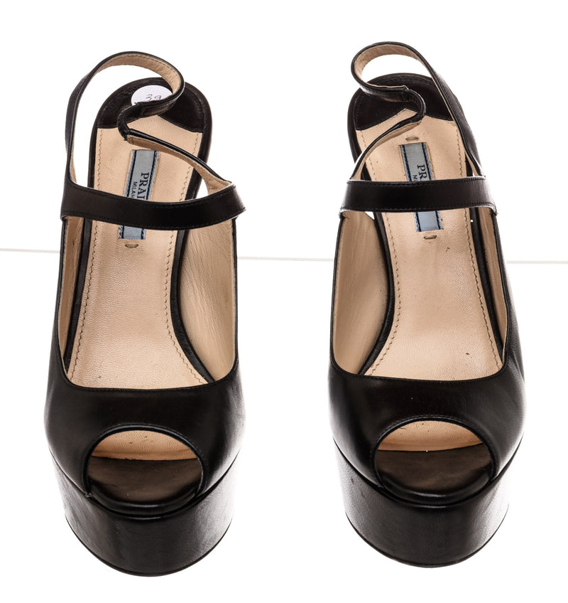 Prada Black Leather Open Toes Platform Sandals Size 39