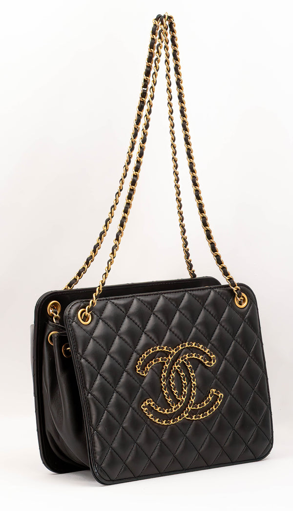 Chanel Black Calfskin Quilted CC Chain Accordion Tote