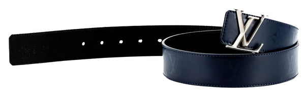 Men's Louis Vuitton Navy Blue Monogram Initiales Leather Silver Logo Belt Size 90