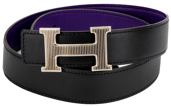 Hermes H Strie Constance Black & Purple Reversible 80cm Belt