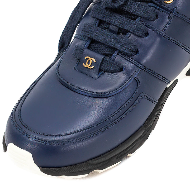 Chanel Navy Blue Satin And Leather CC Low Top Sneakers Size 39.5