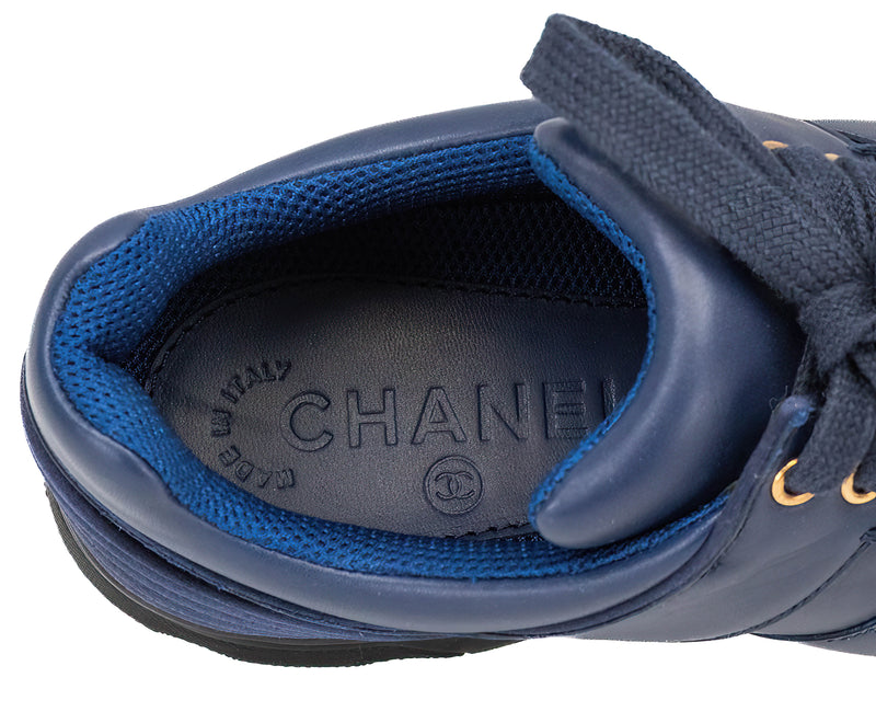 Chanel Navy Blue Satin And Leather CC Low Top Sneakers Size 39.5