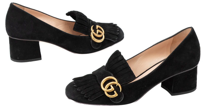 Gucci  Double G Logo Suede Marmont Fringe Pumps Size 38