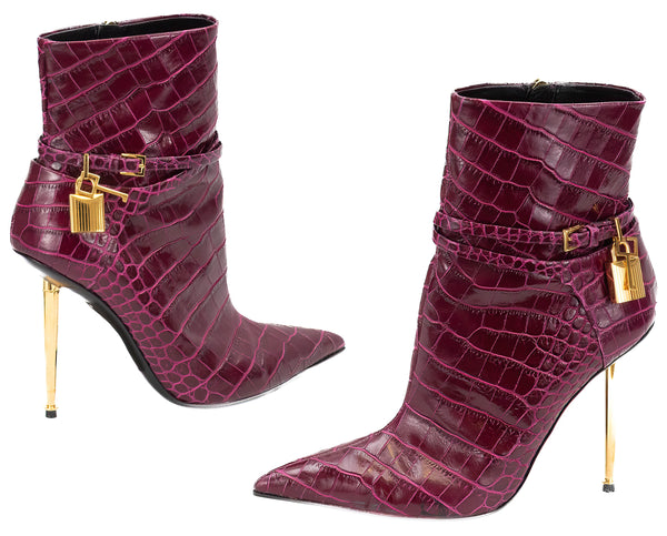 Tom Ford Padlock Bordeaux Crocodile Embossed Calf Leather Ankle Boots Size 36.5