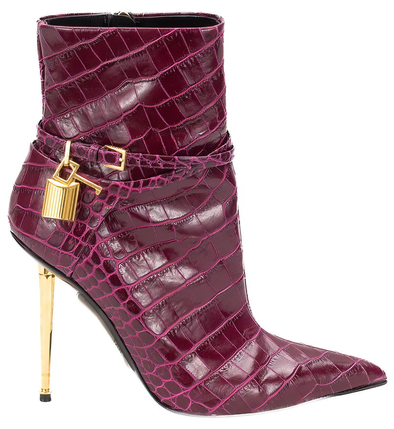 Tom Ford Padlock Bordeaux Crocodile Embossed Calf Leather Ankle Boots Size 36.5