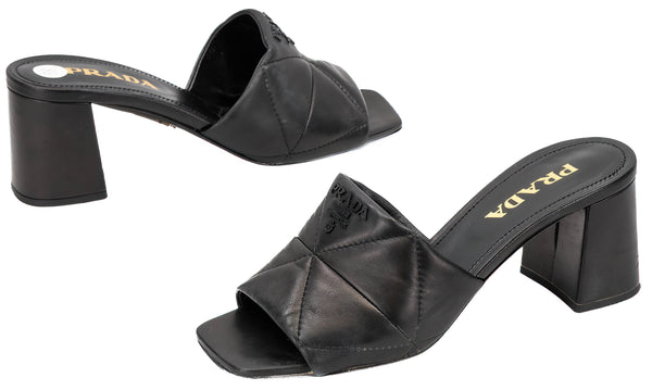 Prada Black Quilted Nappa Leather Open Toe Logo Heeled Mules Size 38