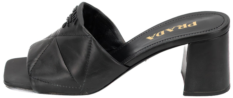 Prada Black Quilted Nappa Leather Open Toe Logo Heeled Mules Size 38