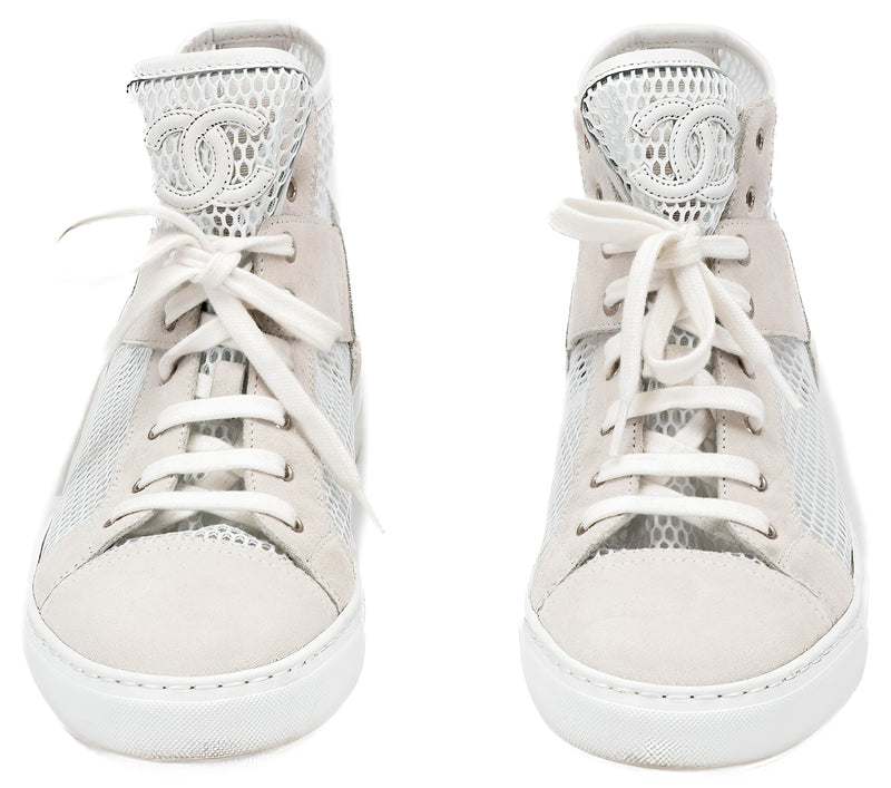 Chanel Beige & White Suede G30617 High Top Sneakers Size 38.5