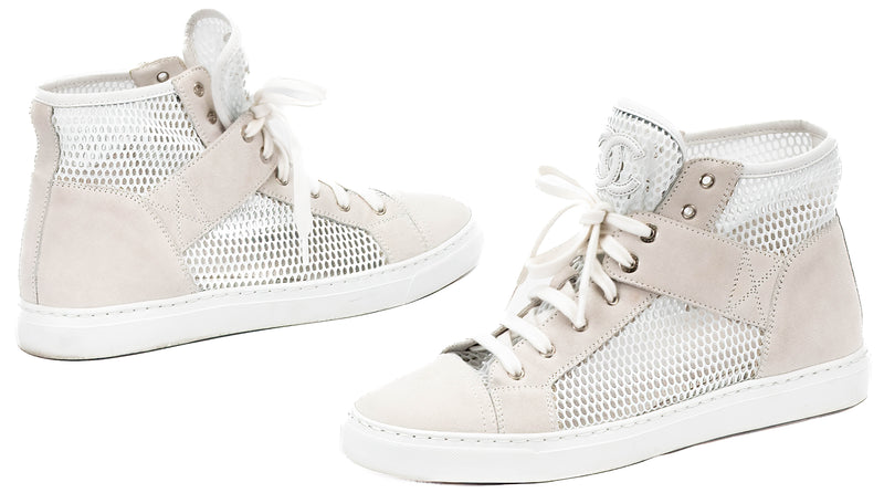 Chanel Beige & White Suede G30617 High Top Sneakers Size 38.5