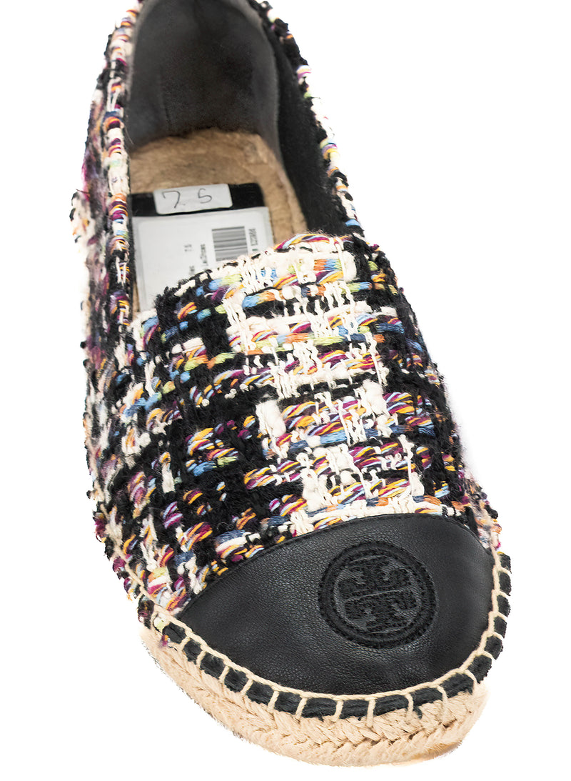 Tory Burch Black & Multicolor Tweed Fabric Logo Espadrilles Size 7.5