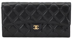 Chanel Black Caviar Leather Classic Gusset Flap Wallet Gold Hardware