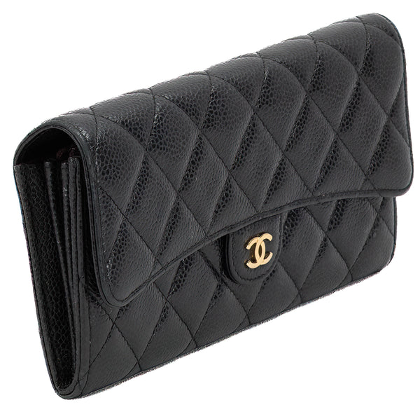 Chanel Black Caviar Leather Classic Gusset Flap Wallet Gold Hardware