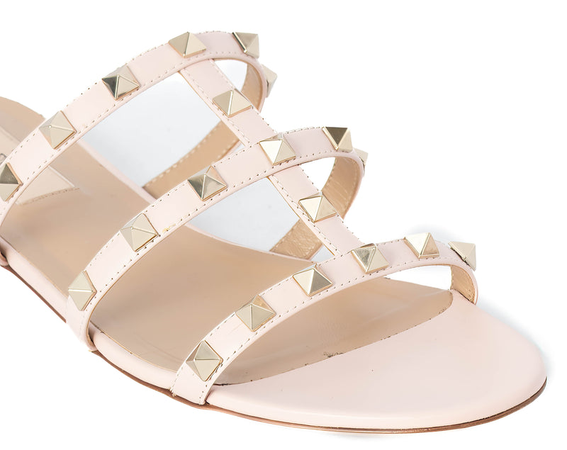 Valentino Water Rose Leather Rockstud Flat Slides Size 37.5
