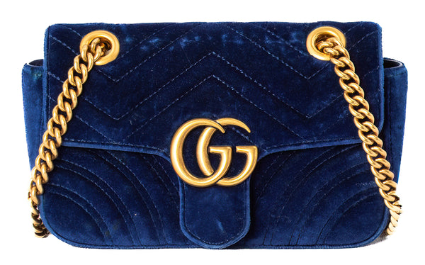 Gucci Cobalt Blue Matelasse Velvet Small Marmont Shoulder Bag GHW