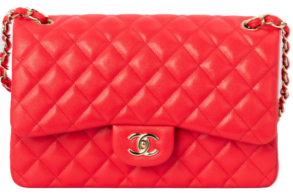 Chanel Red Caviar Leather Classic Jumbo Double Flap Shoulder Bag GHW