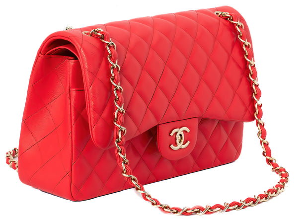 Chanel Red Caviar Leather Classic Jumbo Double Flap Shoulder Bag GHW