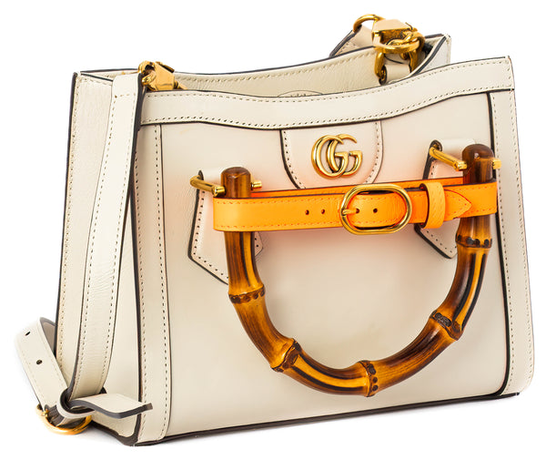 Gucci White Leather & Bamboo Handle Diana Mini Tote Bag