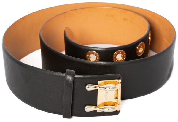 Tod's Black Leather & Gold Grommet Leather Belt Size 95