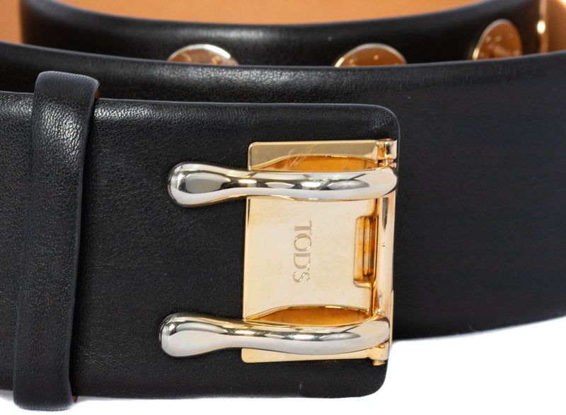 Tod's Black Leather & Gold Grommet Leather Belt Size 95