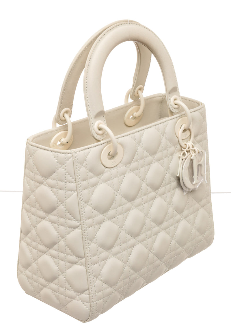 Dior White Quilted Cannage Ultra Matte Calfskin Medium Lady Dior Shoul  On  Que Style