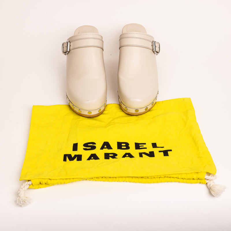 Isabel Marant Titya Leather Cream Buckle Clogs Size 41