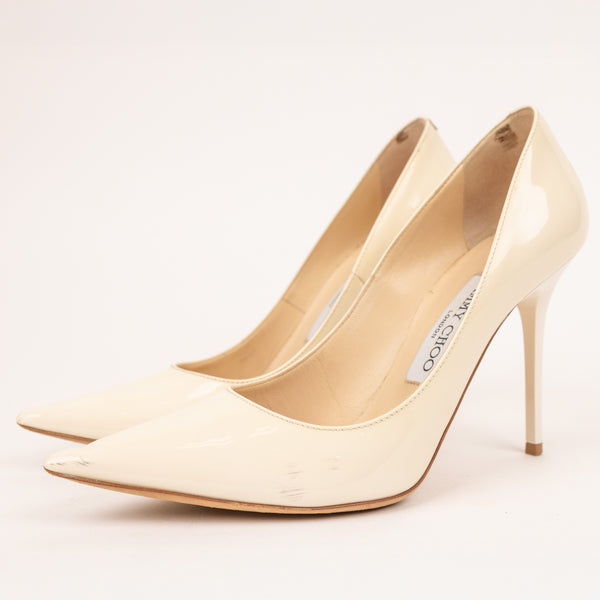 Jimmy Choo Patent Point Cream Off White Heels Size 36.5
