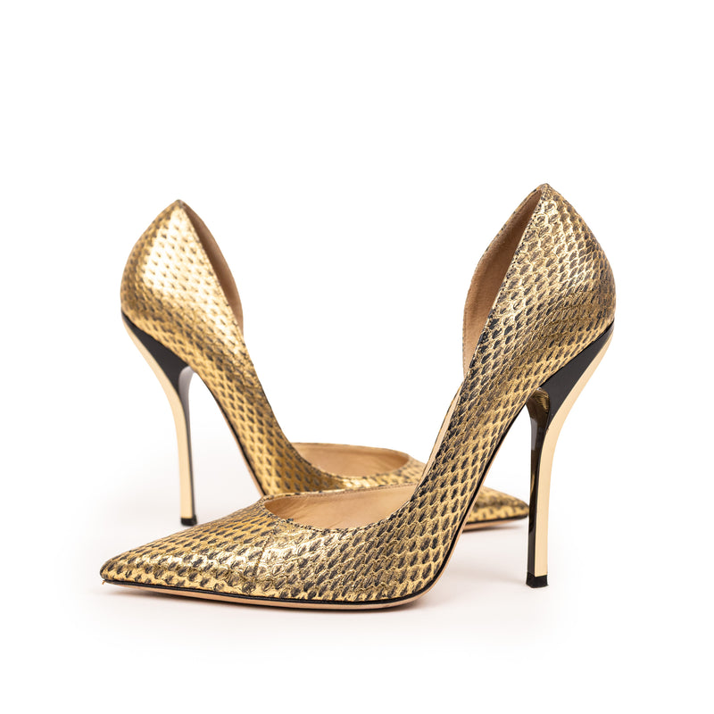Jimmy Choo Gold Embossed Snake Heels Gold Snake Pointed Toe Size 37.5