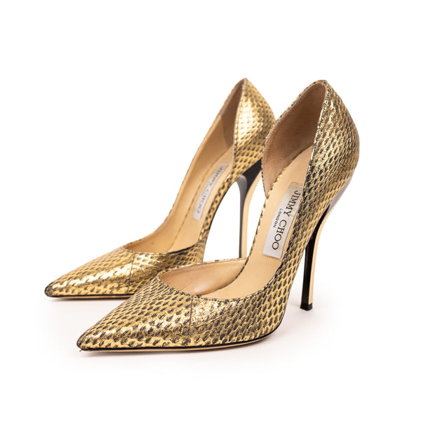 Jimmy Choo Gold Embossed Snake Heels Gold Snake Pointed Toe Size 37.5