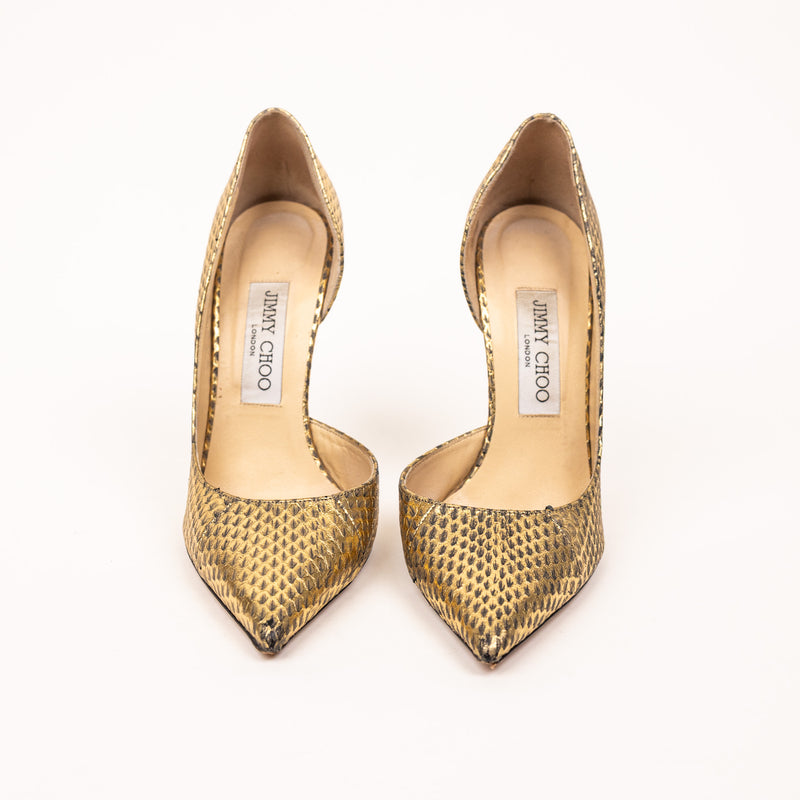 Jimmy Choo Gold Embossed Snake Heels Gold Snake Pointed Toe Size 37.5