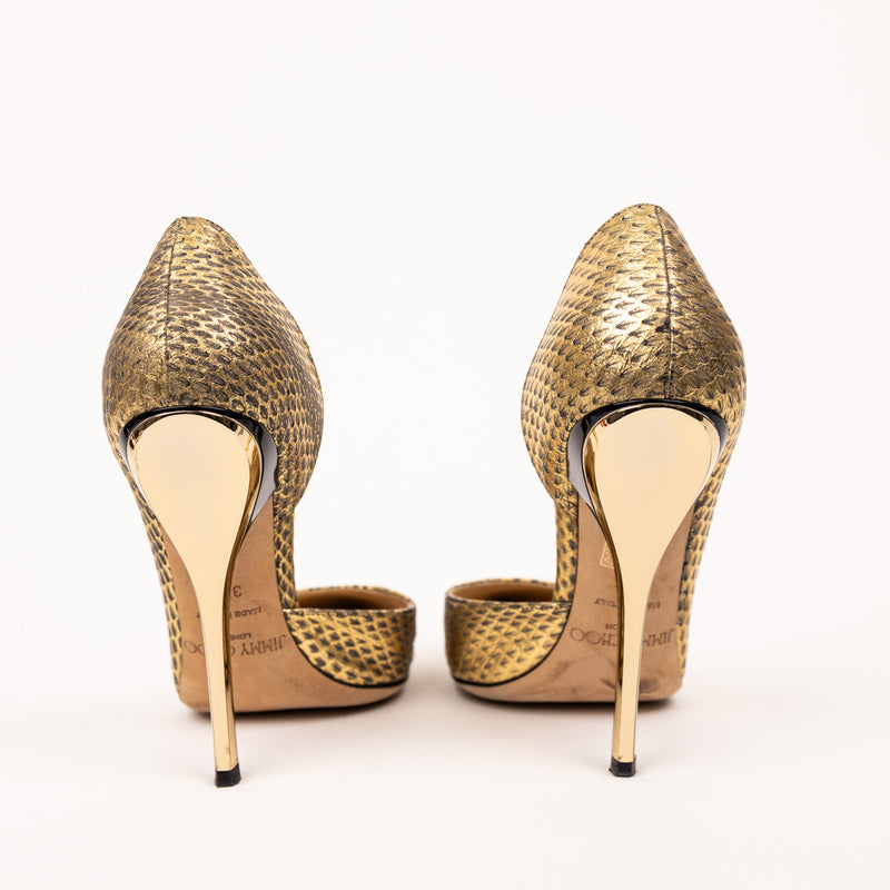 Jimmy Choo Gold Embossed Snake Heels Gold Snake Pointed Toe Size 37.5