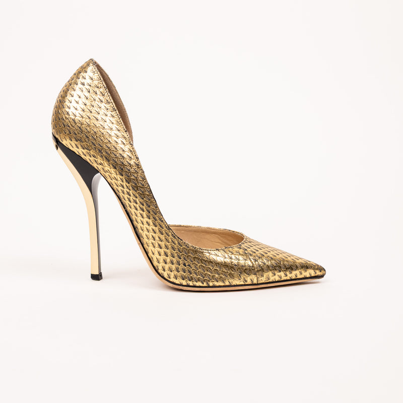 Jimmy Choo Gold Embossed Snake Heels Gold Snake Pointed Toe Size 37.5