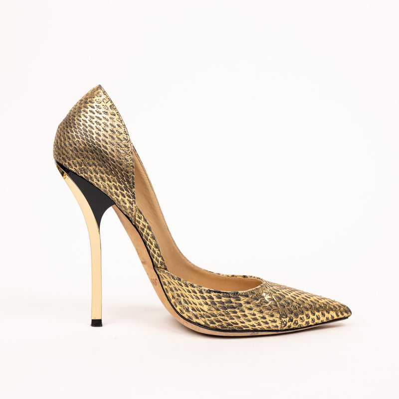 Jimmy Choo Gold Embossed Snake Heels Gold Snake Pointed Toe Size 37.5