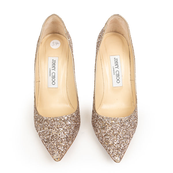 Jimmy Choo Gold Nude Glitter Romy 85 Pumps Size 37
