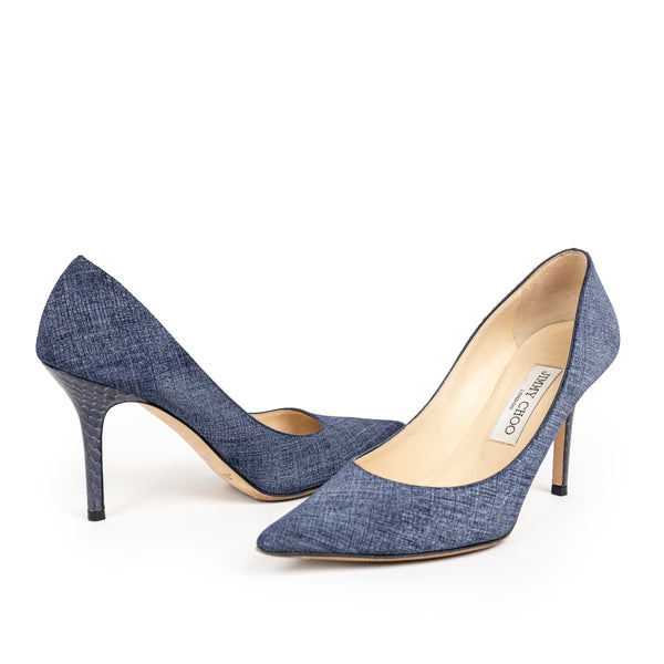 Jimmy Choo Blue Chambray Leather Pointed Toe Pumps Size 37.5