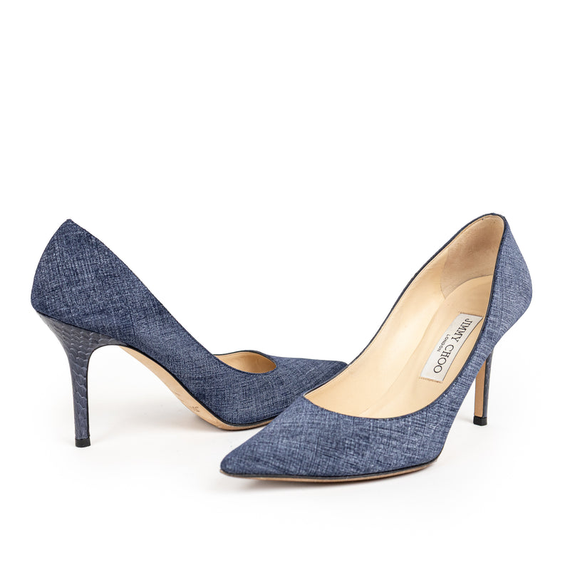Jimmy Choo Blue Chambray Leather Pointed Toe Pumps Size 37.5
