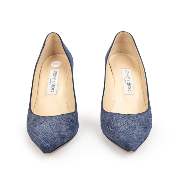 Jimmy Choo Blue Chambray Leather Pointed Toe Pumps Size 37.5