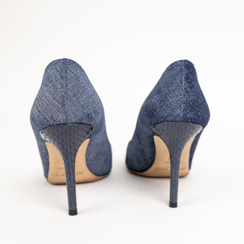 Jimmy Choo Blue Chambray Leather Pointed Toe Pumps Size 37.5