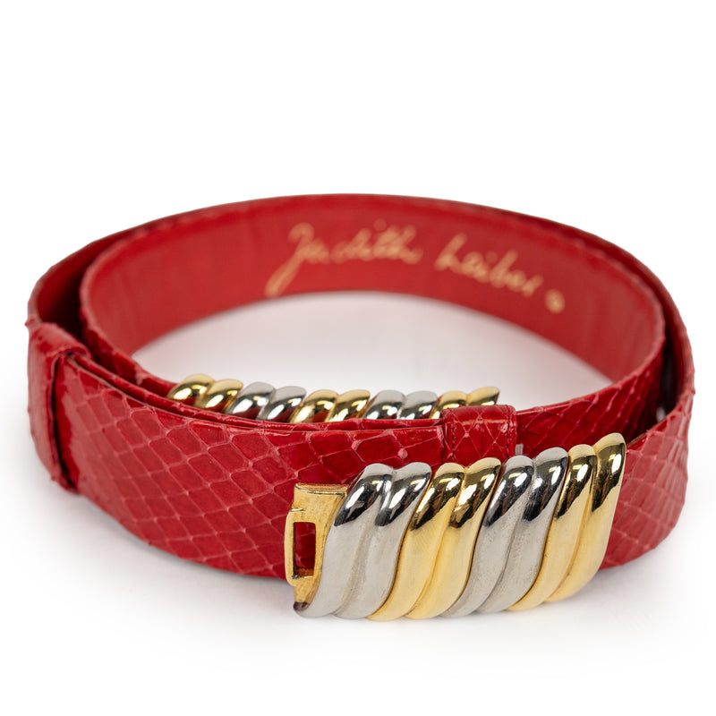 Judith Leiber Red Snakeskin Belt with Silver and Gold Hardware