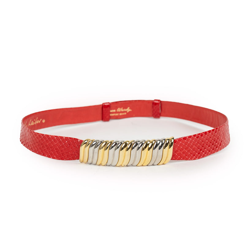 Judith Leiber Red Snakeskin Belt with Silver and Gold Hardware