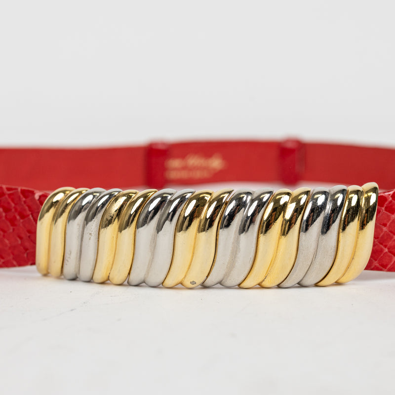 Judith Leiber Red Snakeskin Belt with Silver and Gold Hardware