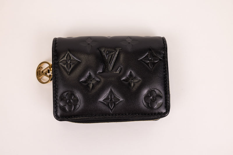 Louis Vuitton Black Embossed Lambskin Leather Puff Coussin Compact Wallet Embossed Monogram Wallet