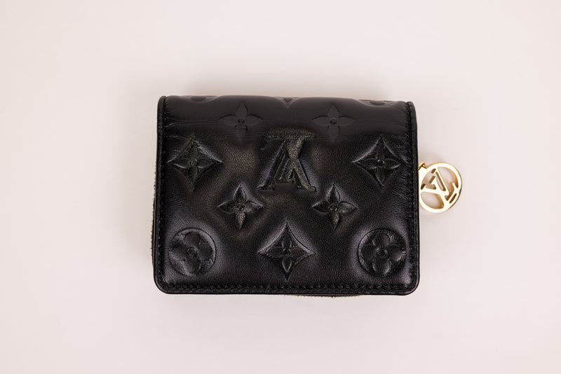 Louis Vuitton Black Embossed Lambskin Leather Puff Coussin Compact Wallet Embossed Monogram Wallet